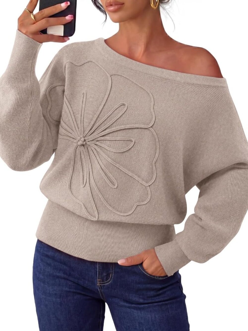 Trendy 3D Floral Knit Pullover Sweater for Women - Fall Fashion Essential
